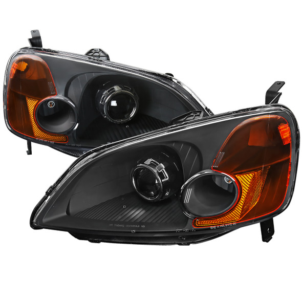 2001-2003 Honda Civic Retro Style Projector Headlights - Matte Black/Clear Lens