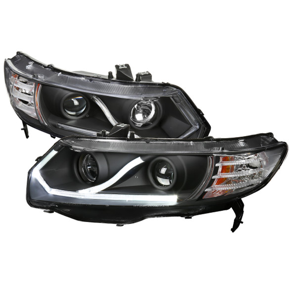 2006-2011 Honda Civic Coupe Projector Headlights w/ LED Light Strips - Matte Black/Clear Lens