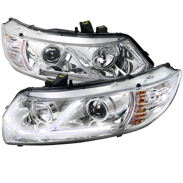 2006-2011 Honda Civic Coupe Projector Headlights w/ LED Light Strips - Chrome/Clear Lens