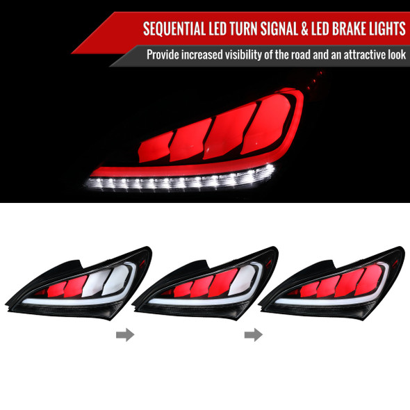 2010-2016 Hyundai Genesis Coupe White Bar Sequential LED Tail Lights (Matte Black Housing/Clear Lens)