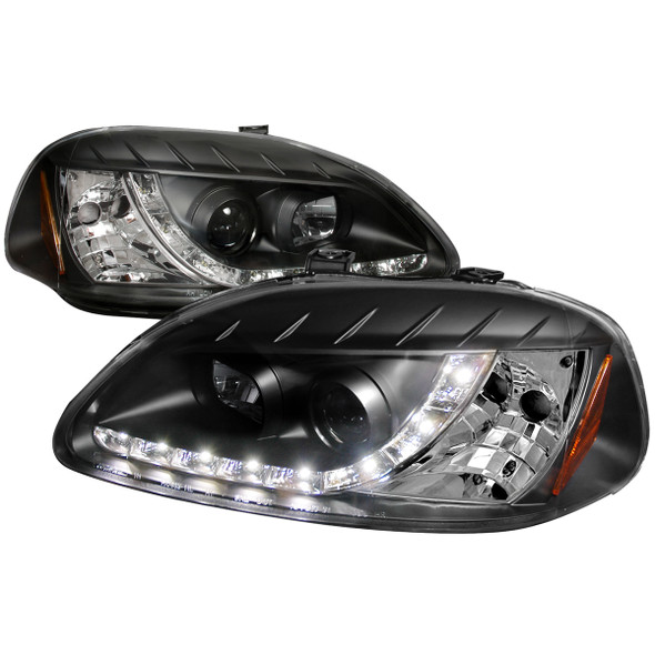 1996-1998 Honda Civic Projector Headlights w/ R8 Style LED Light Strip (Matte Black Housing/Clear Lens)