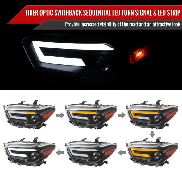 2016-2023 Toyota Tacoma Switchback Sequential LED Bar Projector Headlights (Matte Black Housing/Clear Lens)