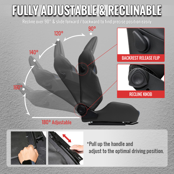 Universal Fully Adjustable Reclining Bucket Racing Seat - Custom Black PU Leather with Contrast Gray Suede Center (Includes Seat Sliders)