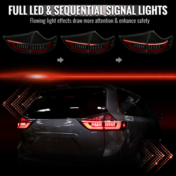 2015-2020 Toyota Sienna Full LED Tail Lights w/ Sequential Turn Signal and Startup Animation Red Lens Fiber Optic LED (Black Housing / Smoked Lens)
