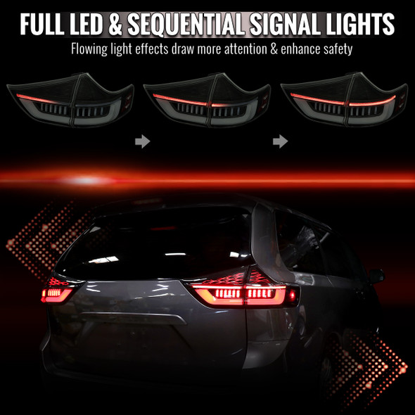 2015-2020 Toyota Sienna Full LED Tail Lights w/ Sequential Turn Signal and Startup Animation (Black Housing / Smoked Lens)