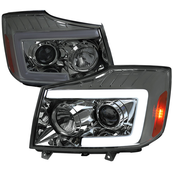 2004-2015 Nissan Titan / 2004-2007 Armada LED C-Bar Projector Headlights w/ Switchback Sequential Turn Signals (Chrome Housing/Smoke Lens)