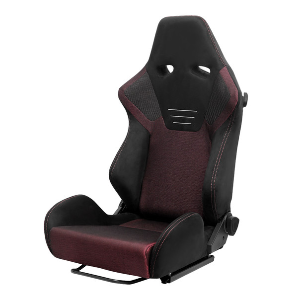 Universal Fully Adjustable Reclining Bucket Racing Seat - High-Performance Black Suede with Breathable Red Mesh Insert and Enhanced Bolsters (Includes Seat Sliders)
