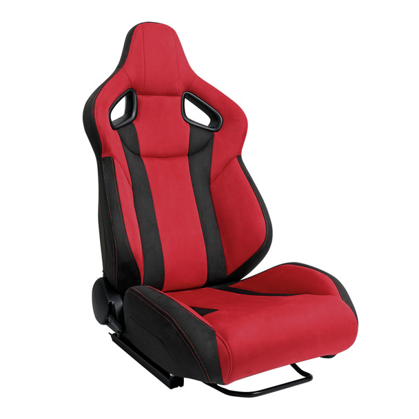 Universal Fully Adjustable Reclining Bucket Racing Seat - Two-Tone Black & Red Suede Upholstery (Passenger Side Configuration with Sliders)
