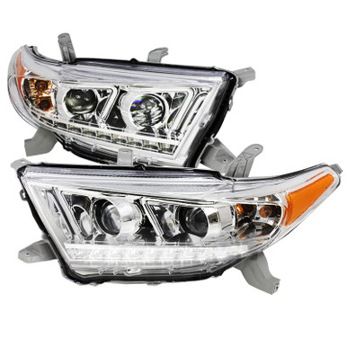 2011-2013 Toyota Highlander Projector Headlights w/ SMD LED Light Strip -  Chrome/Clear Lens