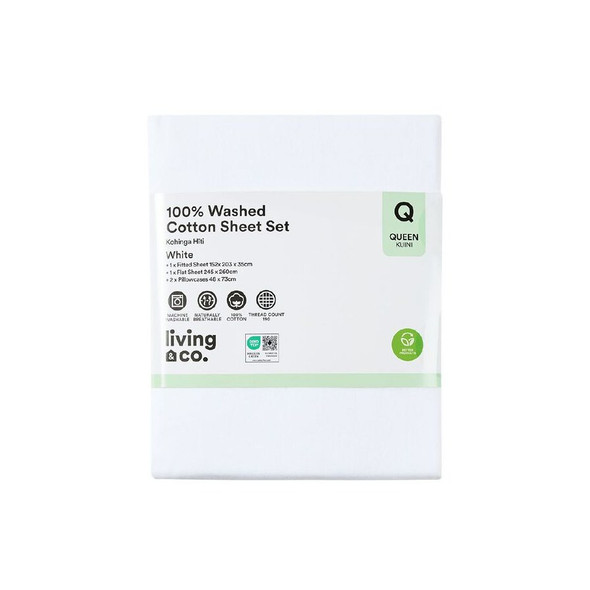 Living & Co 100% Washed Cotton Sheet Set White Double