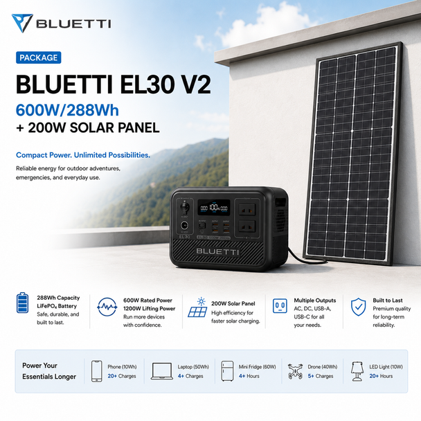 Package - Bluetti EL30 V2 600W/288Wh - 200W Solar Panel