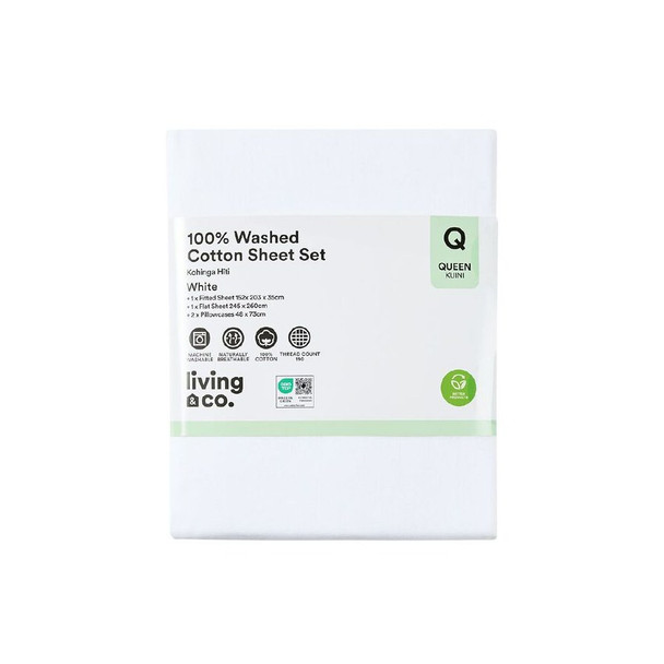 Living & Co 100% Washed Cotton Sheet Set White Double