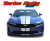 Front View of 2019-2024 Chevy Camaro with Turbo Rally Racing Stripes – Blue Chevy Camaro featuring white Turbo Rally bumper-to-bumper racing stripes on the hood, roof, and trunk.