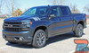 Three-quarter front angle of a Chevy Silverado featuring bold white hood hash stripes. Durable, easy-install racing-inspired graphics for 2019-2026 Silverado.
