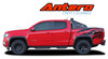 Red Chevy Colorado with Antero Bedside Stripes – A red Chevy Colorado truck featuring Antero bedside vinyl graphics in black and red, designed for 2015-2022 models. High-quality 3M 2080 vinyl for long-lasting style.