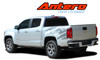 Silver Chevy Colorado with Antero Bedside Stripes – A silver Chevy Colorado truck showcasing Antero mountain-themed bedside vinyl graphics in silver and gray. Premium automotive decals for 2015-2022 Chevy Colorado WT, LT, Z71 models.