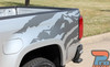 Front Side Angle of Chevy Colorado with Antero Bed Graphics – Silver Chevy Colorado with custom Antero mountain vinyl decals applied to the bed sides, designed for 2015-2022 models.