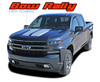 Chevy Silverado Bow Rally Hood Stripes - Front View: A dark blue 2019-2025 Chevy Silverado with Bow Rally hood racing stripes in silver and black, professionally installed for a bold custom look.