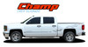 A white Chevy Silverado 1500 with "Champ" vinyl graphics featuring a sleek lower body stripe and checkered flag-inspired bed stripes. High-quality 3M automotive decals.