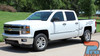 Front-side angle of a Chevy Silverado featuring premium vinyl decal striping, enhancing the truck’s rugged and sporty look. Custom-fit graphics for 2013-2018 models.