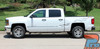 Rear-side view of a Chevy Silverado truck showcasing the "Champ" racing stripe kit, including sleek lower-body striping and checkered flag bed decals. Perfect for customization.