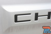 Close-up of 2019-2026 Chevy Silverado tailgate decals in premium vinyl. Durable, weather-resistant lettering fits perfectly into the embossed CHEVROLET tailgate.