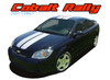 2005-2010 Chevy Cobalt with Rally Hood Racing Stripes Vinyl Graphics and Decals Kit, showing a black car with white racing stripes on the hood.