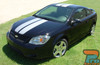 Side view of a 2005-2010 Chevy Cobalt with Rally Racing Stripes on the hood and roof, displaying the sleek look of the vinyl graphic decals kit.