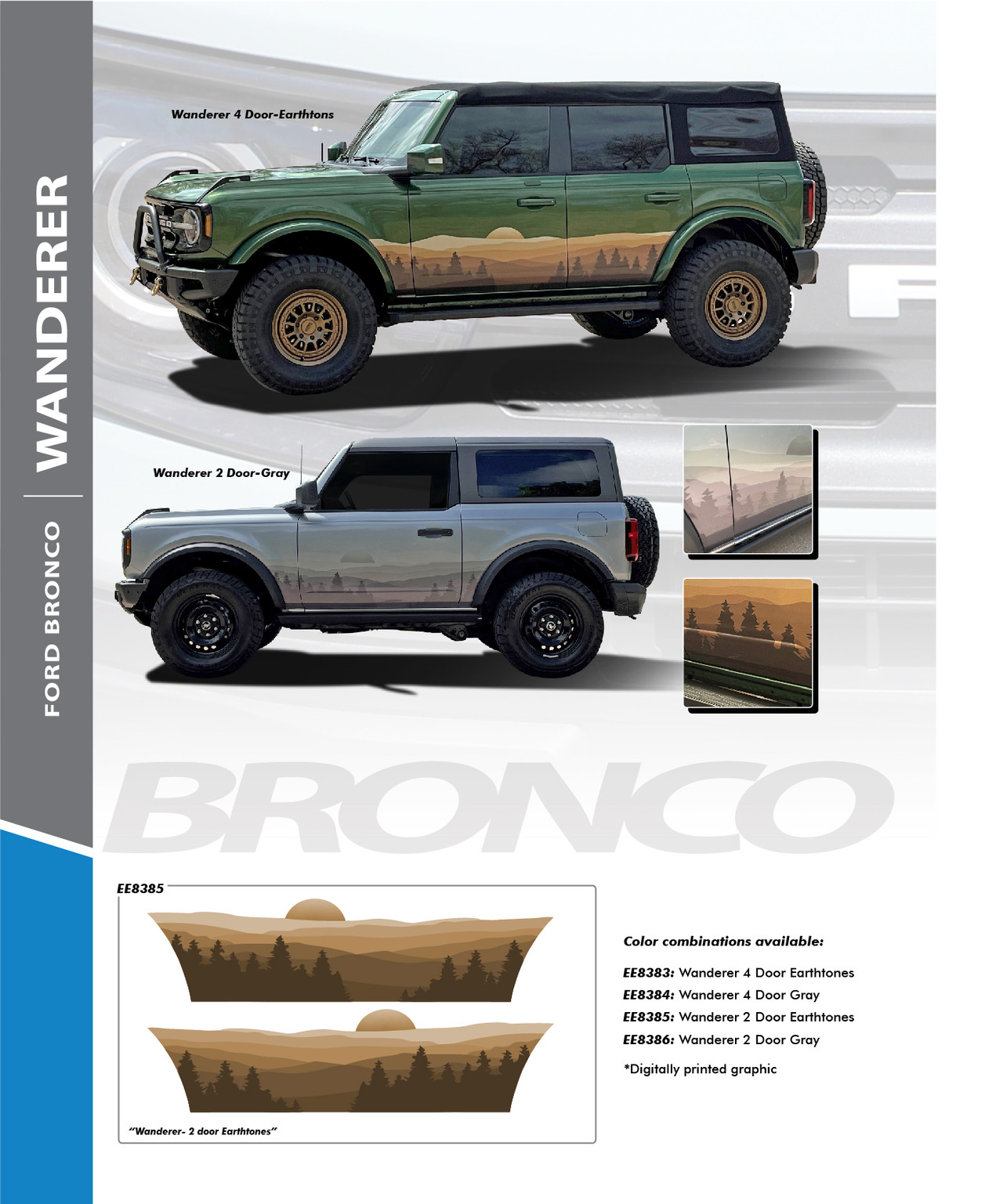 Wanderer Graphics WANDERER : 2021-2026 Ford Bronco Side Body Door Stripes Decals Vinyl ...