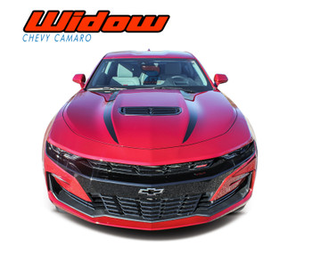2019-2024 Chevy Camaro WIDOW Hood Stripes - Black Vinyl Hood Spear Decals on Red Camaro SS