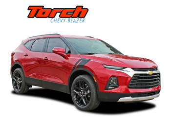 Red 2019-2026 Chevy Blazer with TORCH fender to hood stripes. Black vinyl graphic decals add a bold, factory-style accent to the fenders and hood. Made from high-quality 3M automotive vinyl for durability and easy installation.