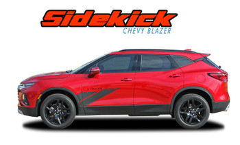 Red 2019-2026 Chevy Blazer with SIDEKICK side body stripes. Black and gray vinyl decals extend from the fender to the door, adding a bold, factory-style accent. Made from high-quality 3M automotive vinyl for durability and easy installation.