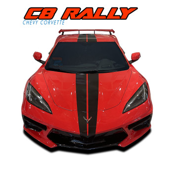 Red Chevy C8 Corvette with Rally Racing Stripes – Front View. Bold black rally racing stripes on a red 2020-2026 Chevy Corvette C8. High-quality vinyl hood stripes provide a sleek, performance-inspired look
