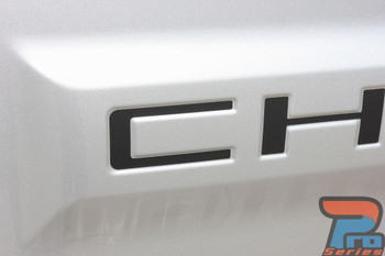 Close-up of 2019-2026 Chevy Silverado tailgate decals in premium vinyl. Durable, weather-resistant lettering fits perfectly into the embossed CHEVROLET tailgate.