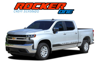 Chevy Silverado with Rocker One lower rocker stripes installed, featuring bold, customizable text along the lower doors for a factory-inspired look.