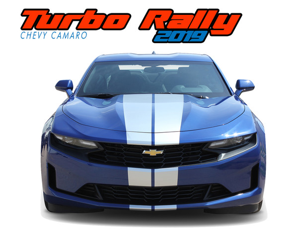 Front View of 2019-2024 Chevy Camaro with Turbo Rally Racing Stripes – Blue Chevy Camaro featuring white Turbo Rally bumper-to-bumper racing stripes on the hood, roof, and trunk.