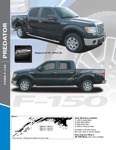 PREDATOR : 2009-2014 Ford 150 F-Series Raptor Style Mudslinger Rear Truck Bed Vinyl Graphics Decals Stripe Kit