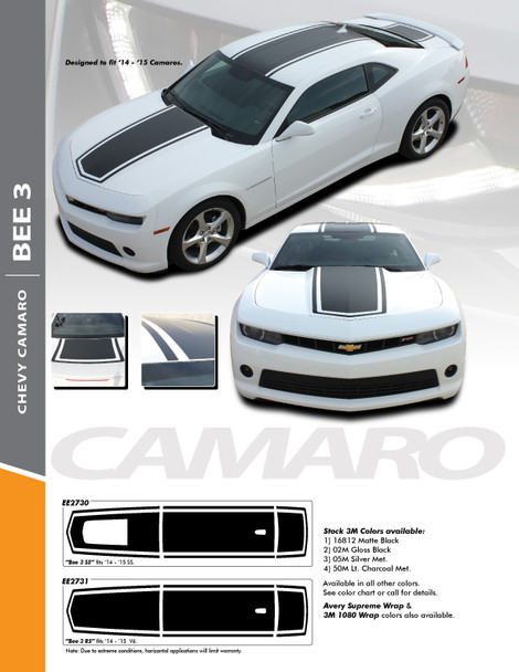 BEE 3 : 2014-2015 Chevy Camaro Wide Center Outline Hood Roof Trunk Vinyl Graphics Racing Stripes Decals Kit