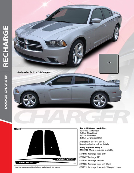 RECHARGE COMBO : 2011-2014 Dodge Charger Split Hood Decals and Rear Quarter Panel Stripe Vinyl Graphics Kit