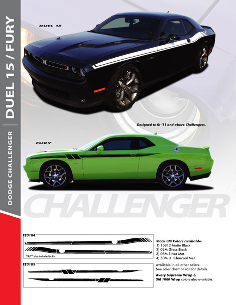 DUEL 15 : 2011-2024 Dodge Challenger Vinyl Graphics Upper Door Strobe with R/T Decal Stripe Kit DUEL 15 : 2011-2024 Dodge Challenger Vinyl Graphics Upper Door Strobe with R/T Decal Stripe Kit