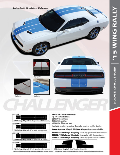 RALLY WING 15 : 2015-2024 Dodge Challenger Wide Rally Hood Vinyl Graphic Full Racing Stripes Kit