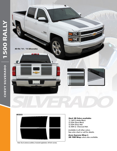 RALLY 1500 : 2014 2015 Chevy Silverado Rally Edition Style Hood Vinyl Graphic Decal Racing Stripe Kit 