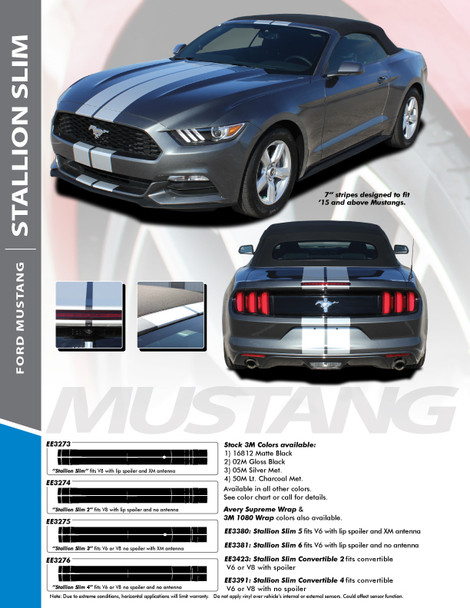 STALLION SLIM : 2015-2017 Ford Mustang Lemans Style 7" Wide Racing Rally Stripes Vinyl Graphics Kit