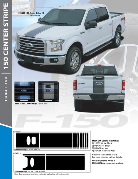 F-150 CENTER STRIPE : 2015-2020 Ford F-150 Center Hood Tailgate Vinyl Racing Stripes Graphics Decals Kit