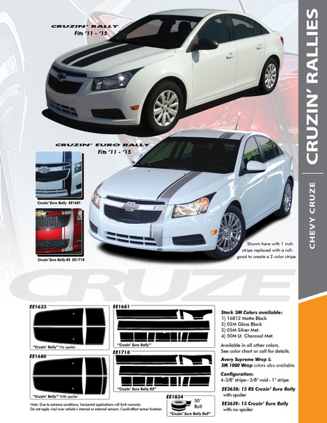 EURO RALLY : 2011-2016 Chevy Cruze Euro Offset Hood Rally Racing Stripes Vinyl Graphics Decals Kit