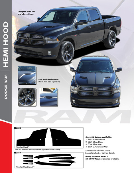 HEMI HOOD : 2009-2018 Dodge Ram Split Hood Vinyl Graphics Accent Decal Stripe Kit