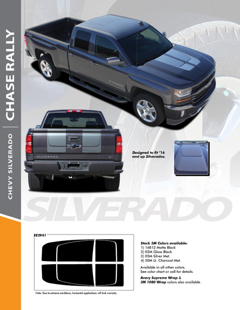 CHASE RALLY : 2016-2018 Chevy Silverado Rally Edition Style Hood Tailgate Vinyl Graphic Decal Racing Stripe Kit