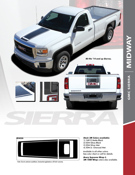 MIDWAY : 2014-2018 GMC Sierra Center Hood & Tailgate Vinyl Graphic Decal Racing Stripe Kit