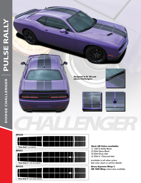 PULSE RALLY : 2008-2024 Challenger Strobe Stripes Hood to Trunk Vinyl Graphic Racing Rally Decal Stripes Kit