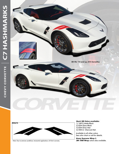 C7 HASH MARKS : 2014-2019 Chevy C7 Corvette Double Bar Hood Fender Stripes Vinyl Graphic Decals Kit